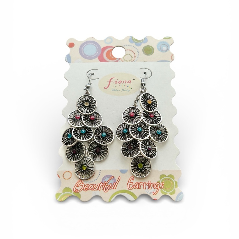 NWT Fiona Silver Tone Multi-Color Rhinestone Chandelier Earrings